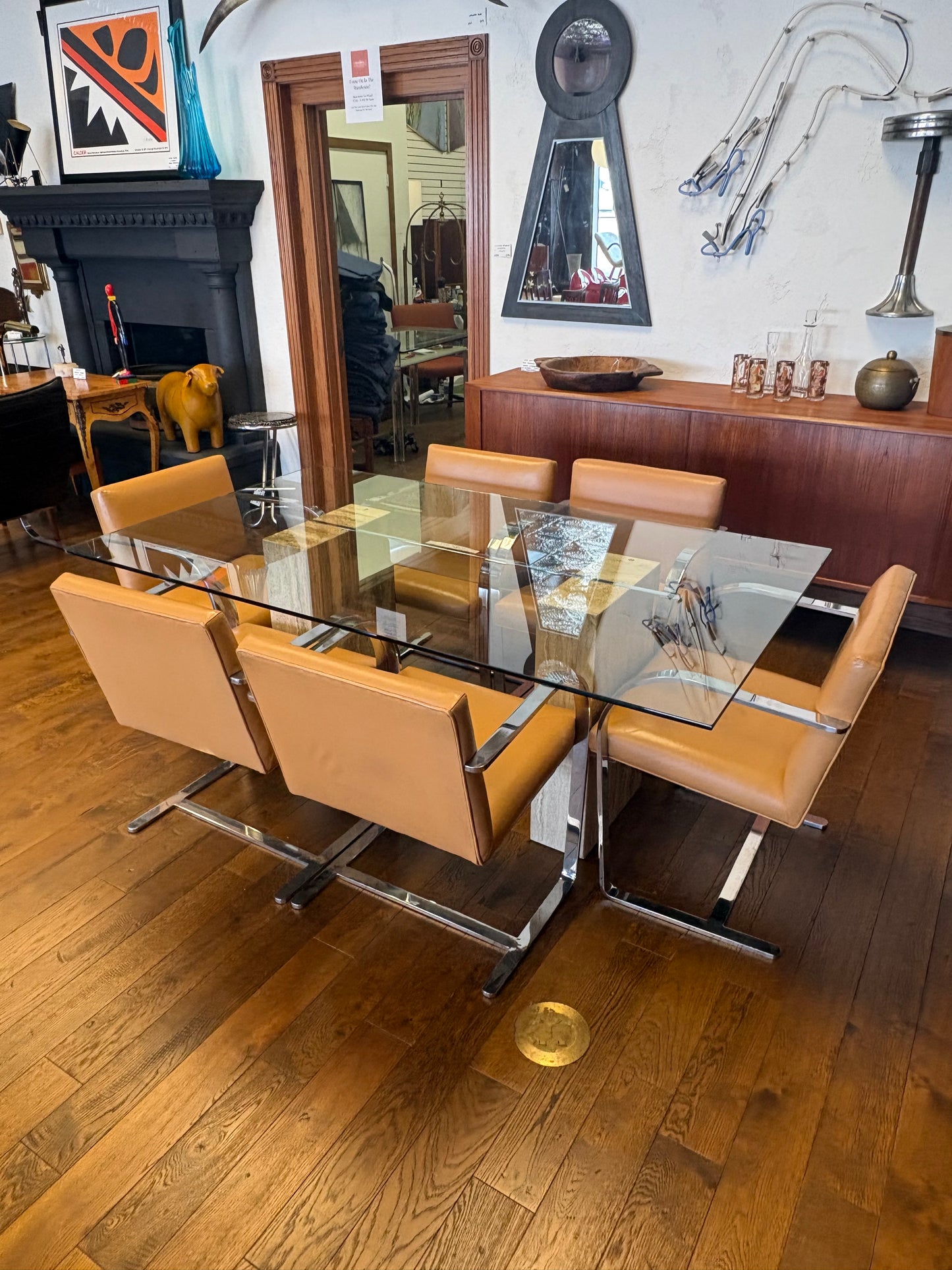 Mid Century Italian Travertine, Chrome & Glass Dining Table By Artedi