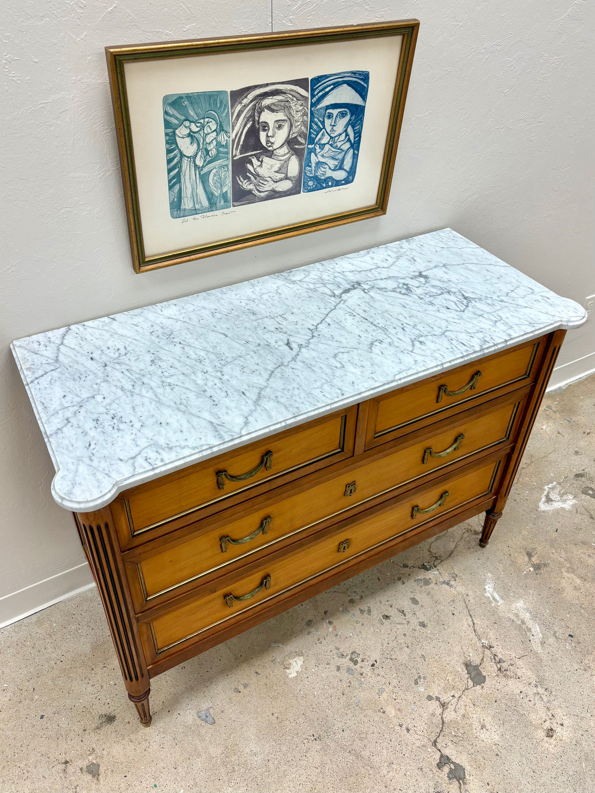 Antique French Louis XVI Style White Marble Top Four Drawer Chest - France