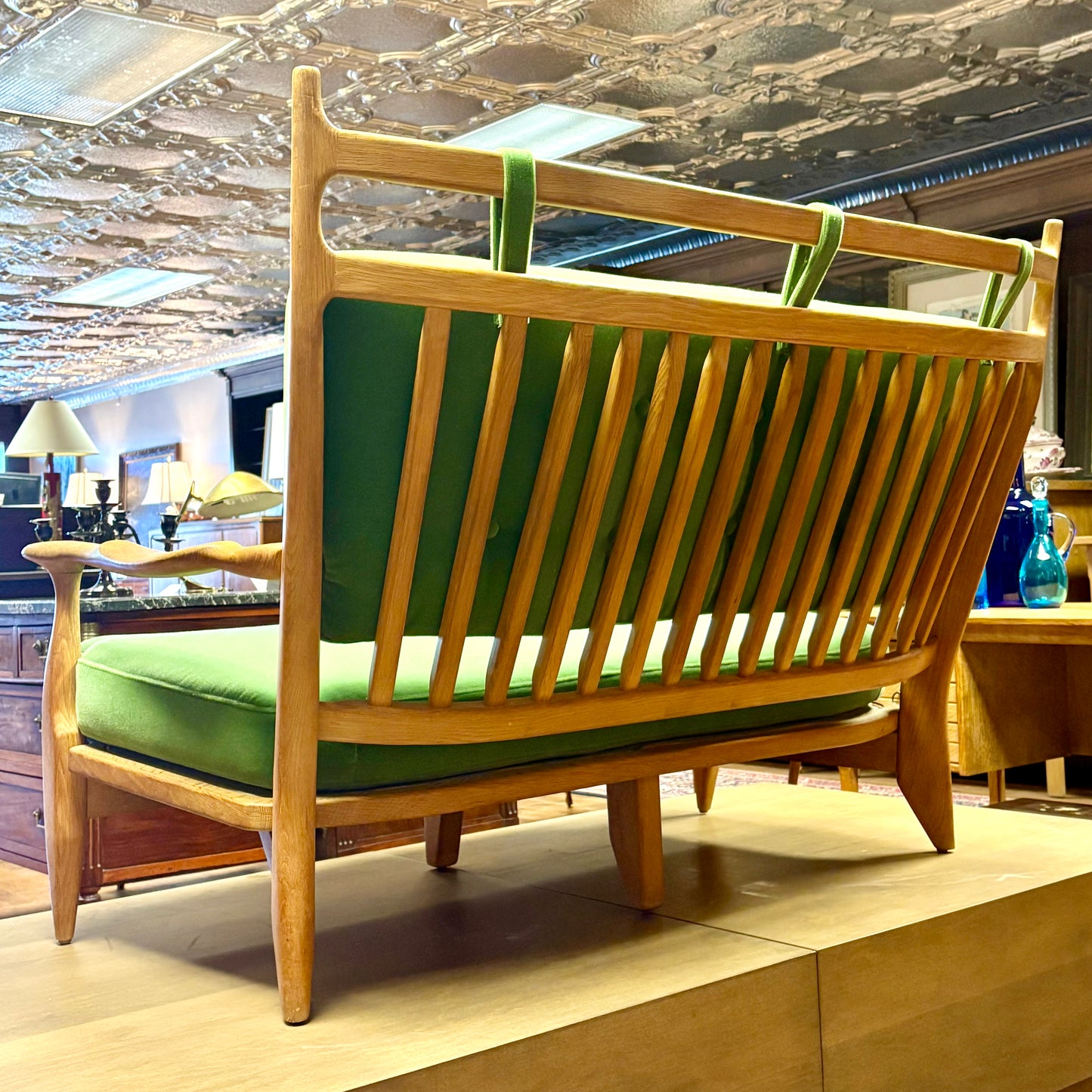FRENCH MODERN GUILLERME ET CHAMBRON SETTEE, REUPHOLSTERED