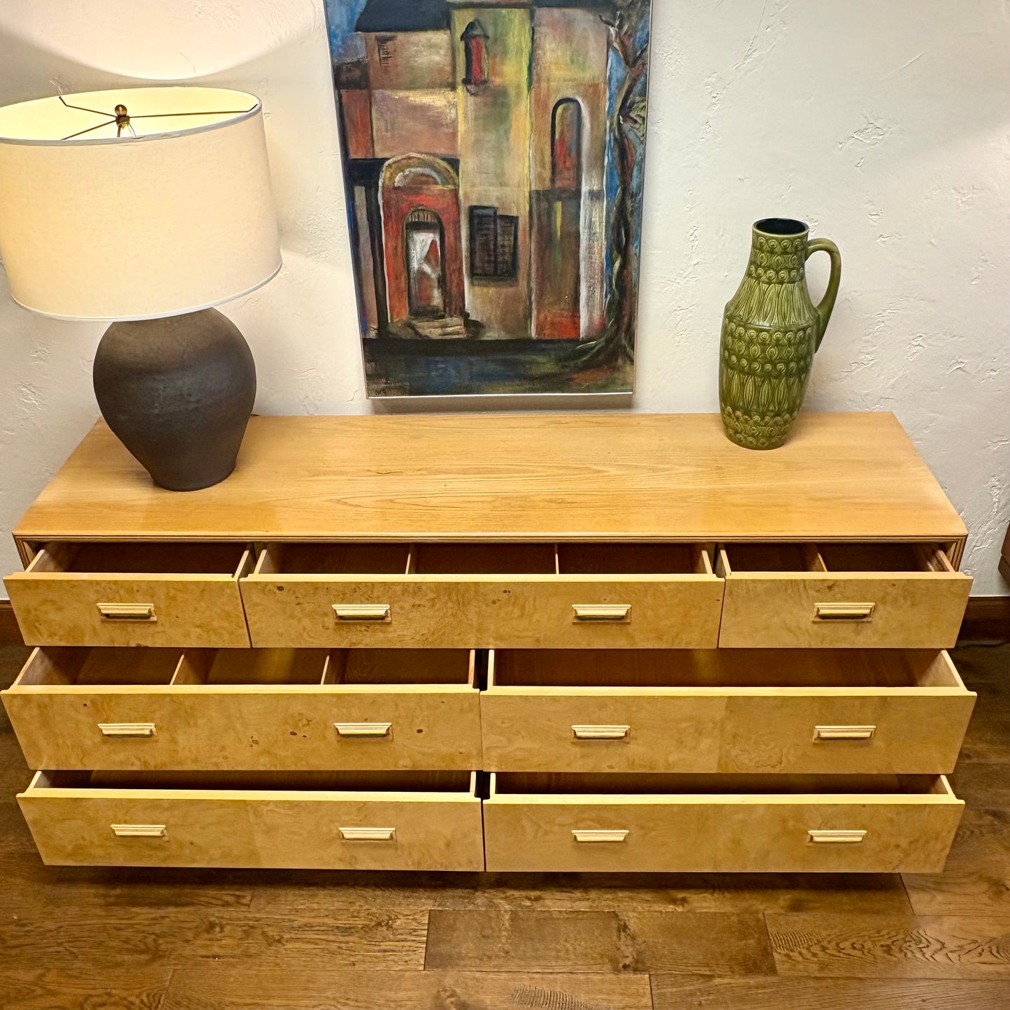 Mid Century Olive Burl Wood Dresser by Heredon “Scene Two” Design