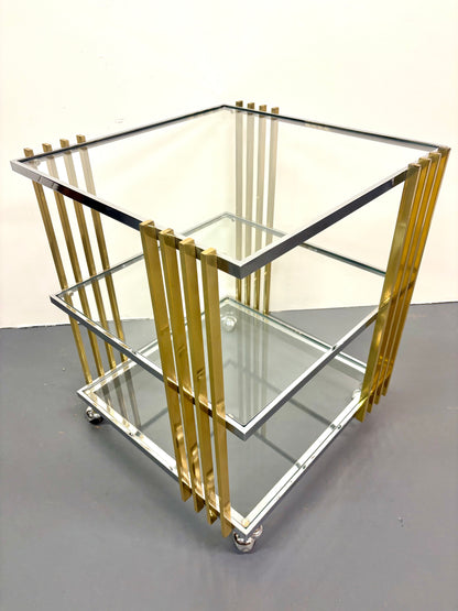 Mid Century 1970s Brass & Chrome Square Bar Cart