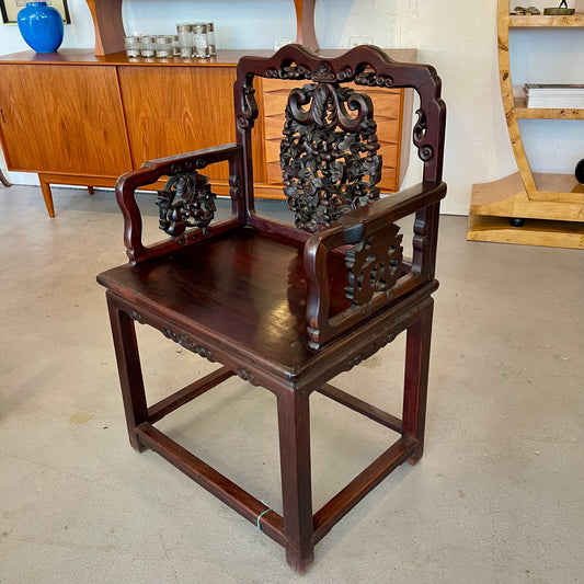 ANTIQUE CHINESE CARVED HARDWOOD ARM CHAIR