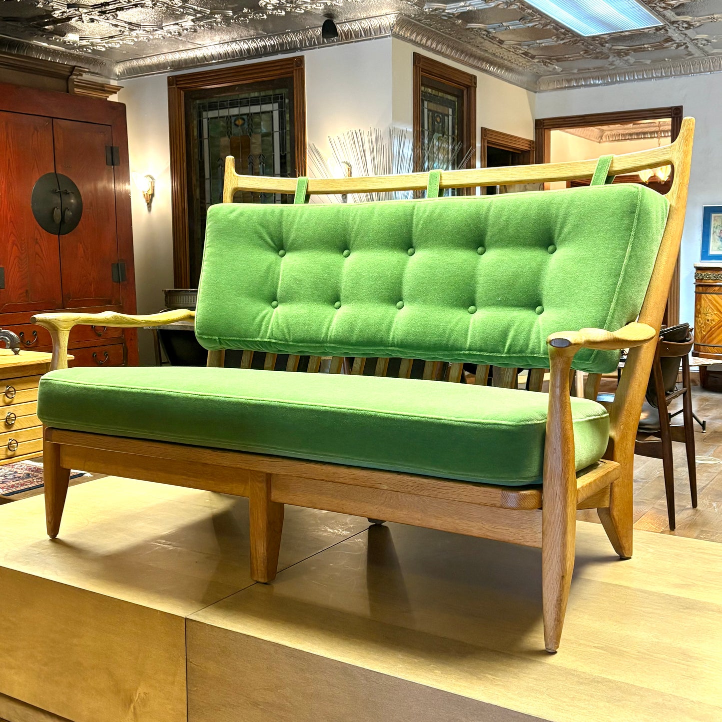FRENCH MODERN GUILLERME ET CHAMBRON SETTEE, REUPHOLSTERED