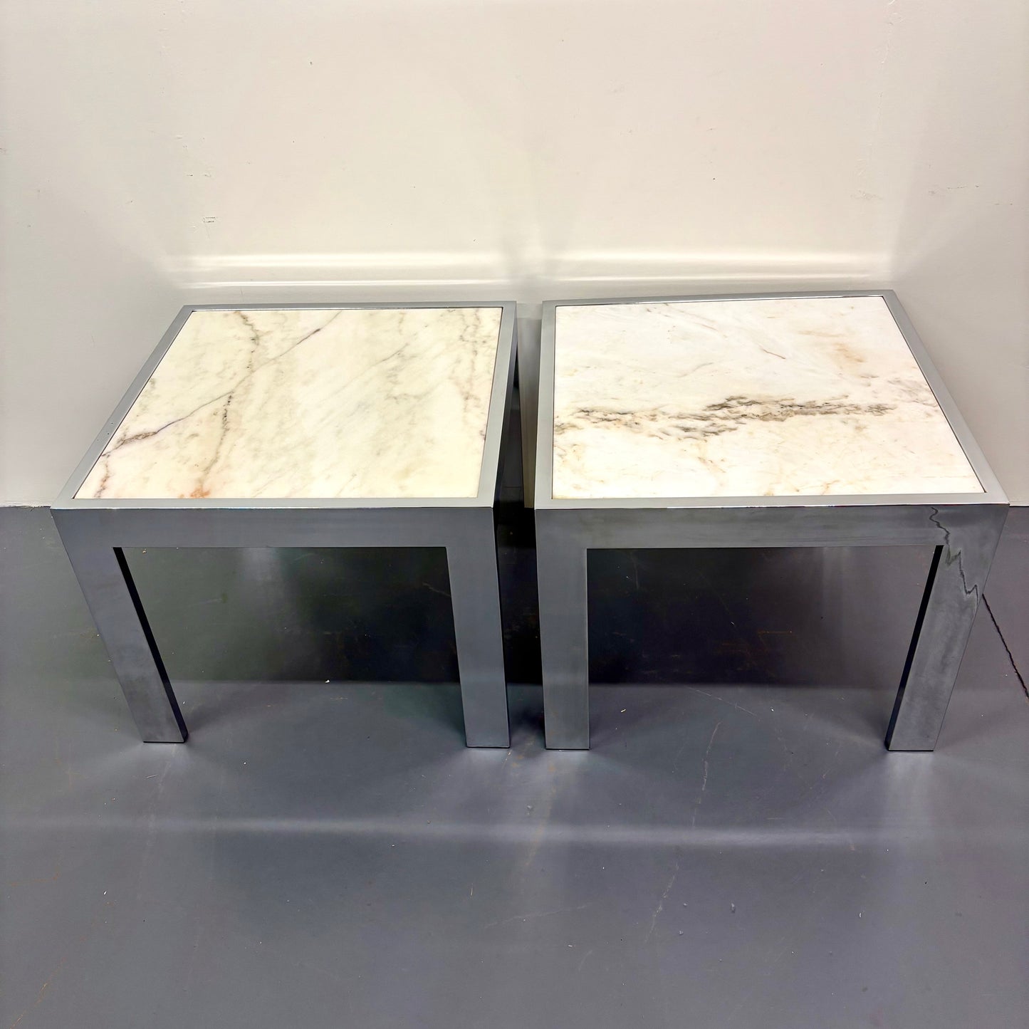 Mid Century Travertine & Chrome Pair Of End Tables By DIA