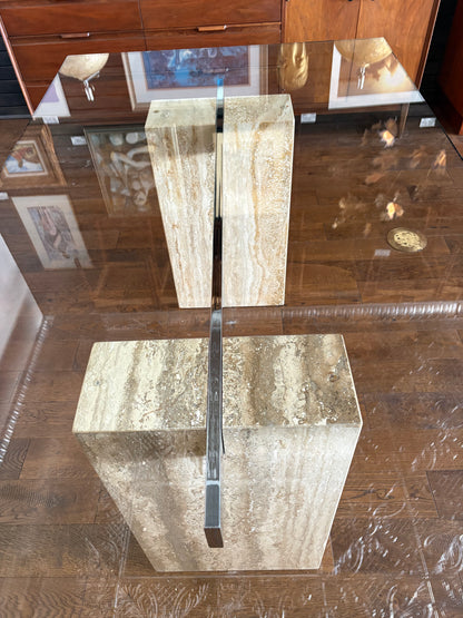 Mid Century Italian Travertine, Chrome & Glass Dining Table By Artedi