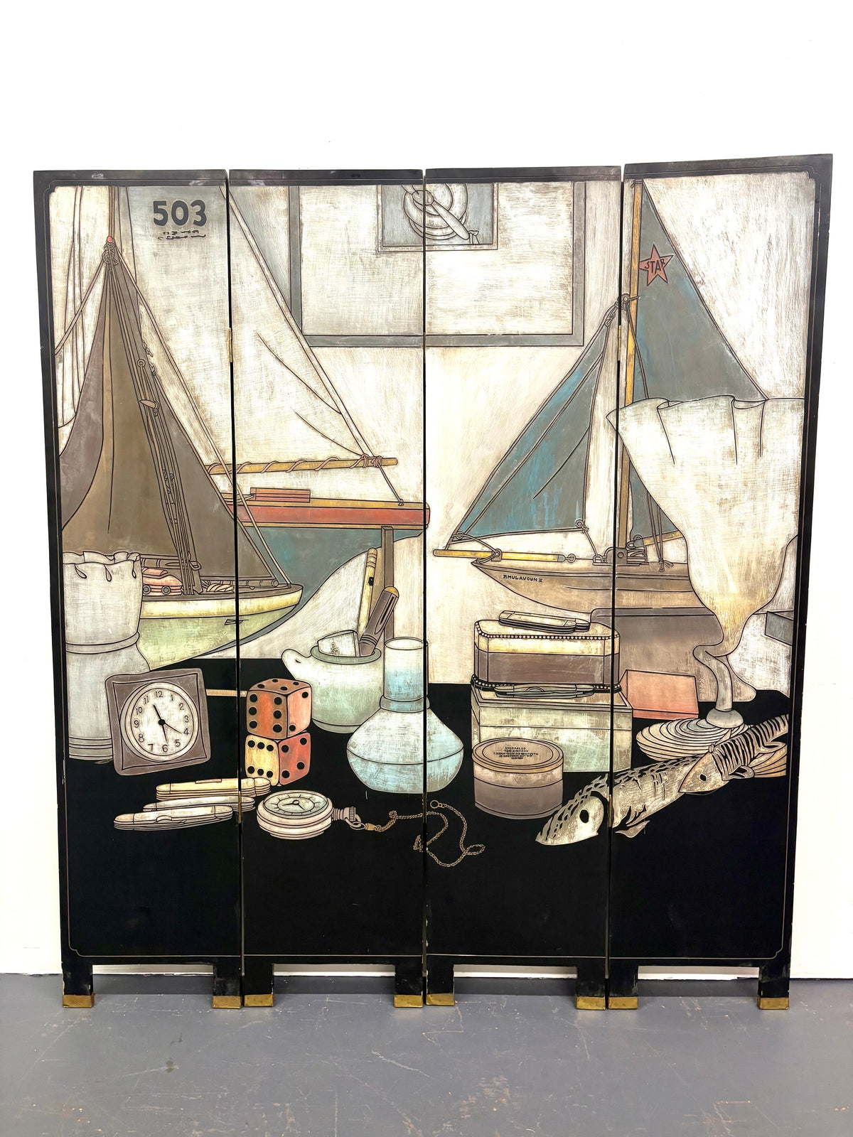 Mid Century Modern Two-Sided Four Panel Screen/Room Divider