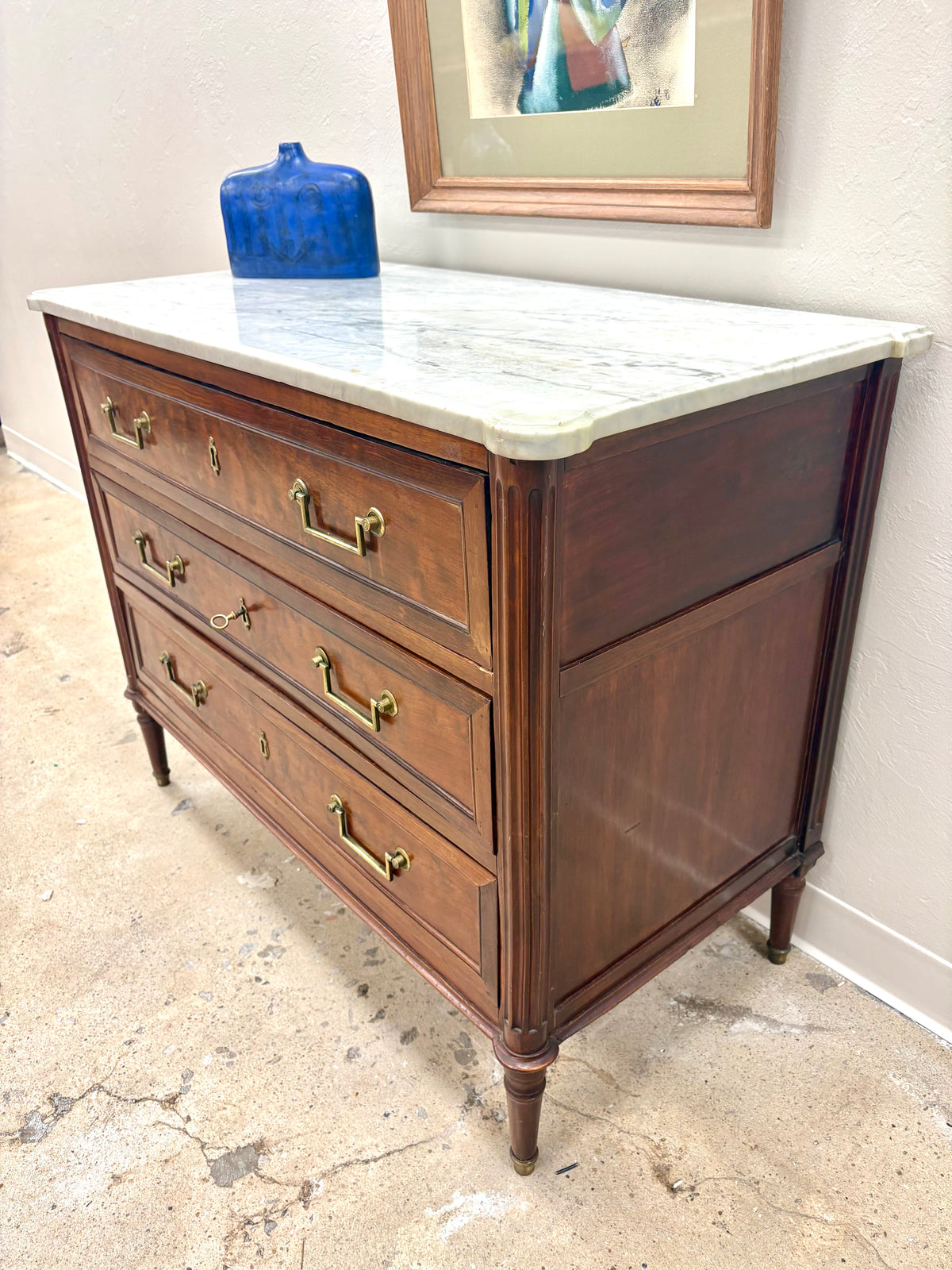 Antique French Louis XVI Style Marble Top Three Door Chest - France