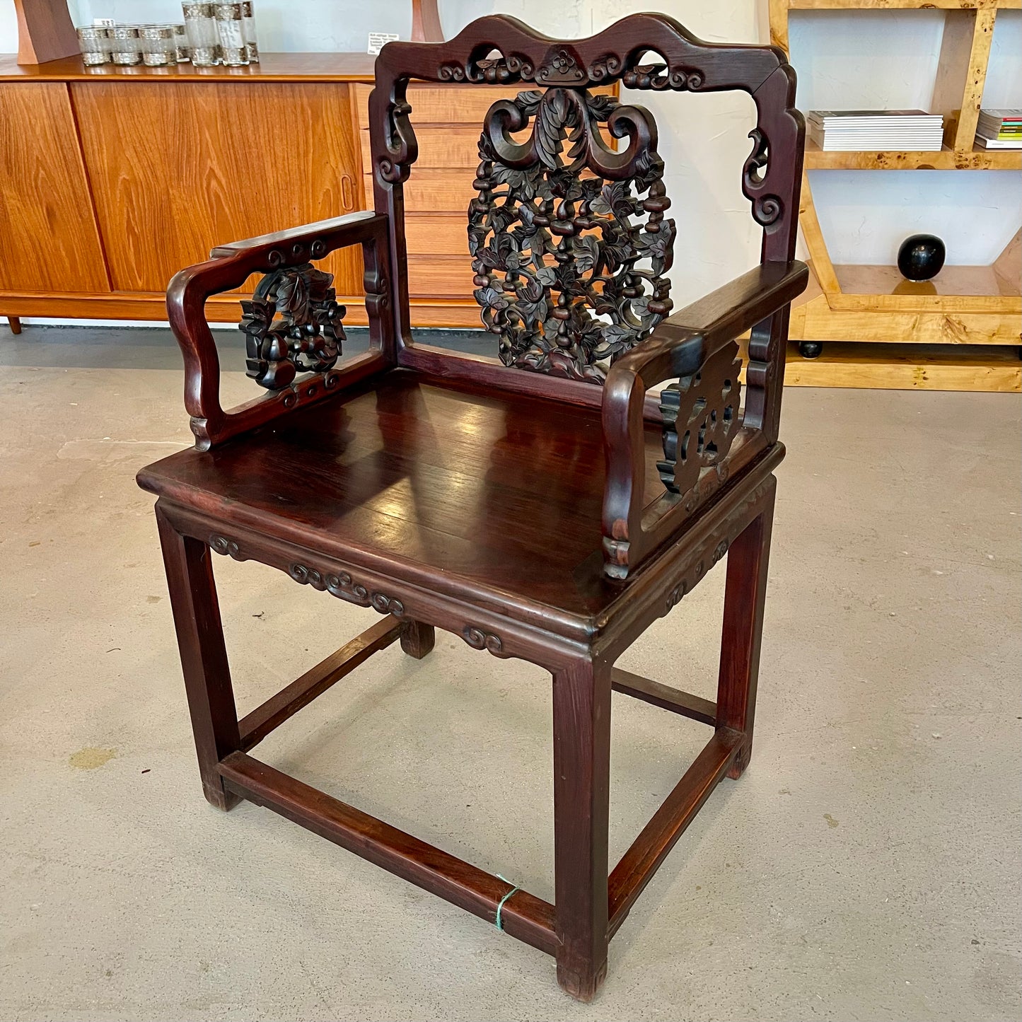 ANTIQUE CHINESE CARVED HARDWOOD ARM CHAIR