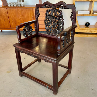 ANTIQUE CHINESE CARVED HARDWOOD ARM CHAIR