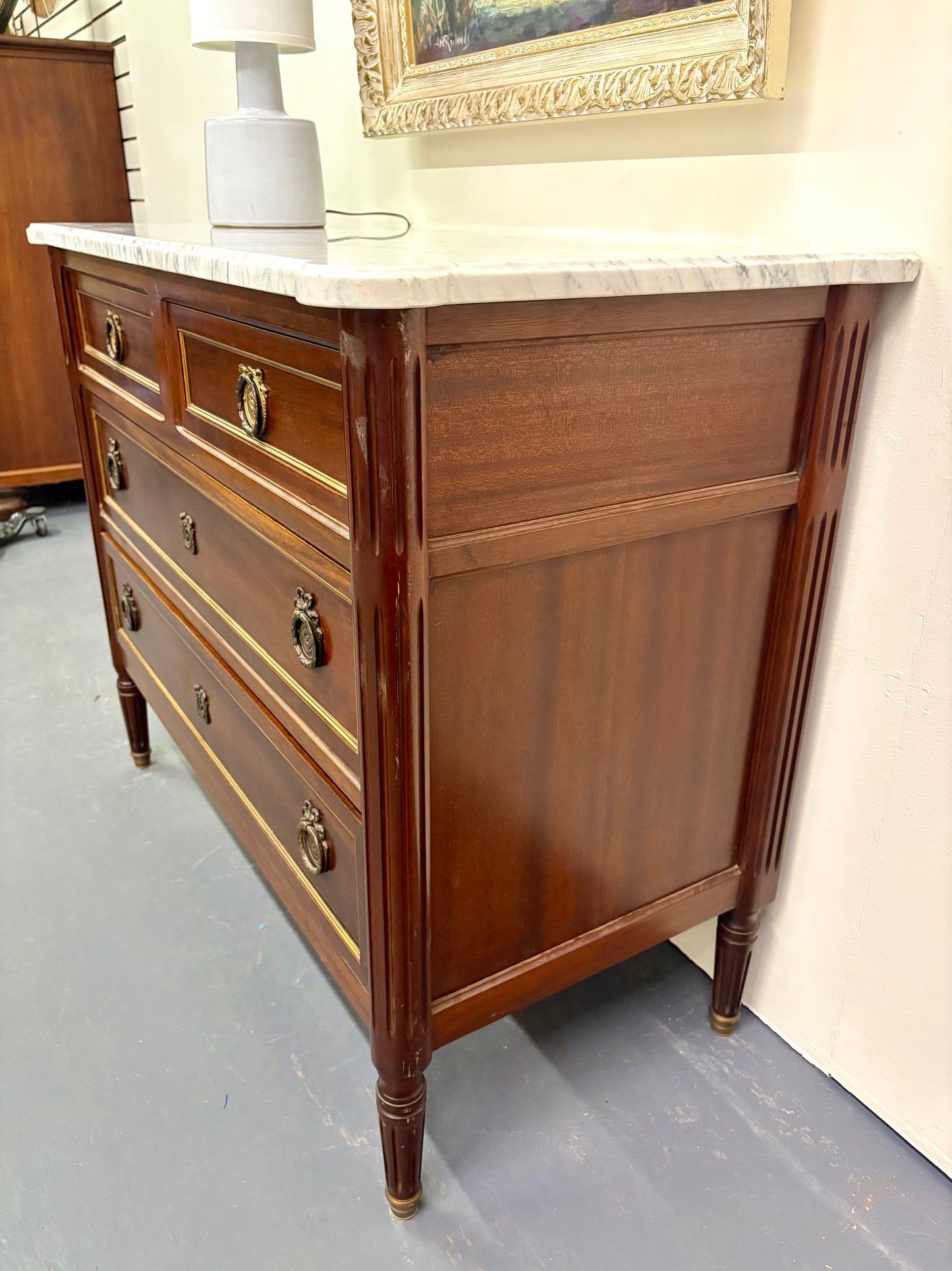 Antique French Louis XVI Marble Top Four Drawer Chest
