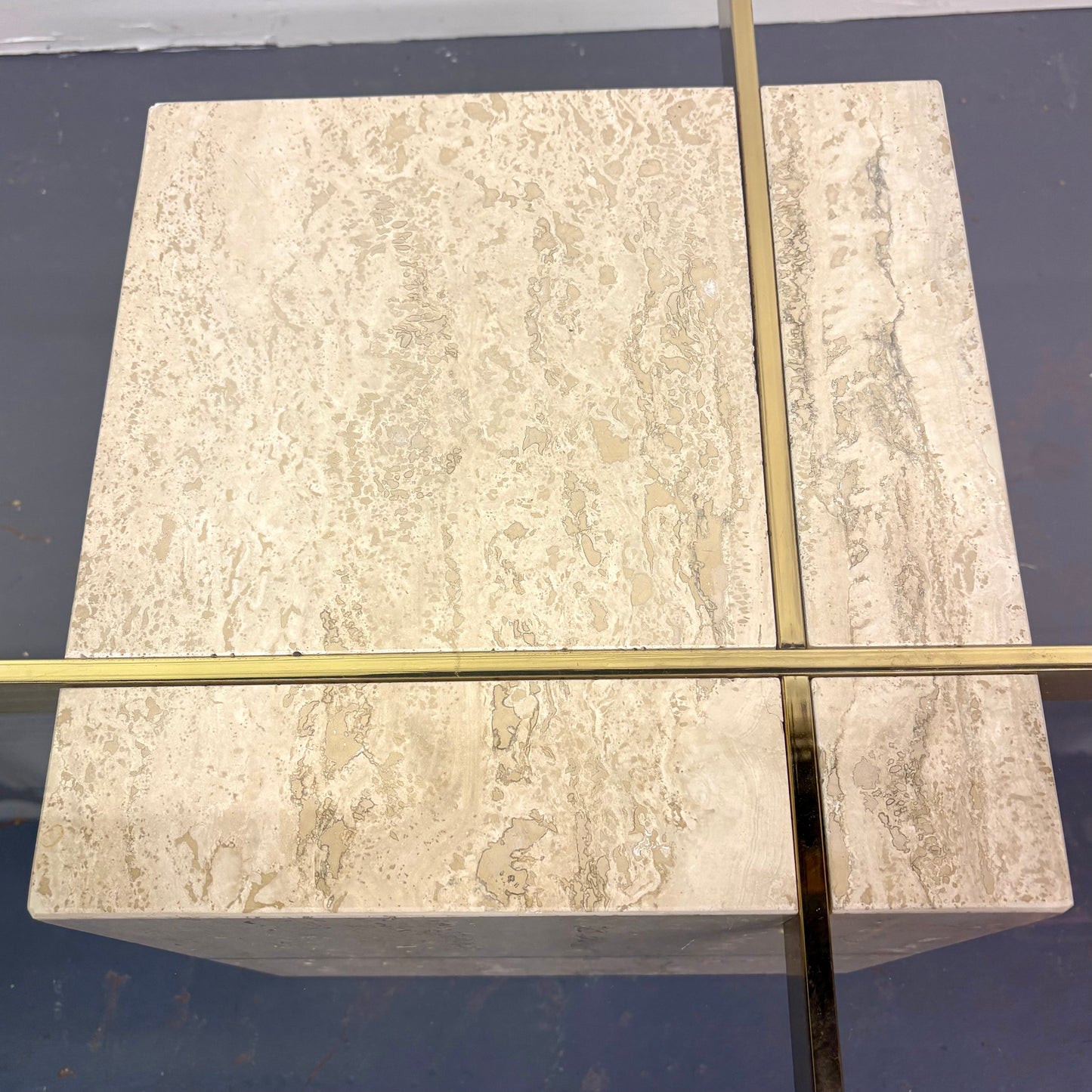 Mid Century Travertine, Brass & Glass Coffee Table By Artedi