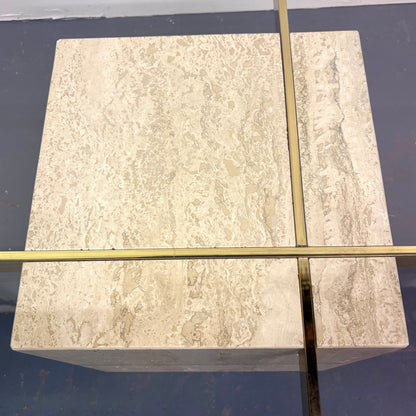 Mid Century Travertine, Brass & Glass Coffee Table By Artedi