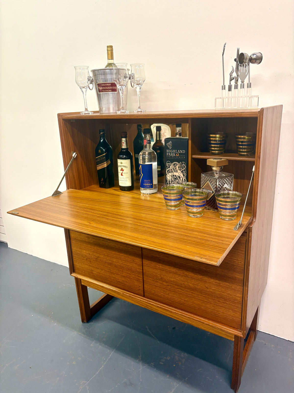 Mid Century Teak Cocktail Cabinet With Drop Down By Turnidge - England