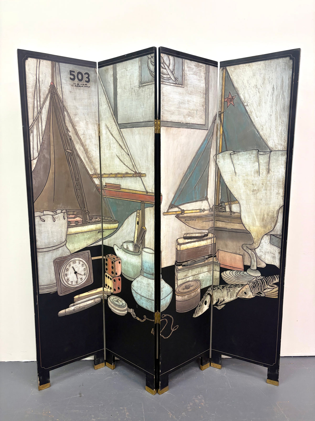 Mid Century Modern Two-Sided Four Panel Screen/Room Divider