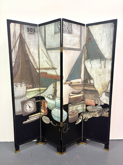 Mid Century Modern Two-Sided Four Panel Screen/Room Divider