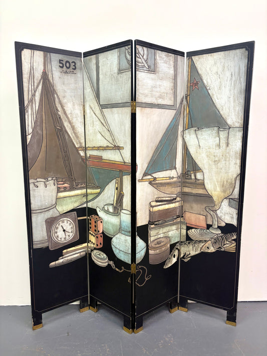 Mid Century Modern Two-Sided Four Panel Screen/Room Divider