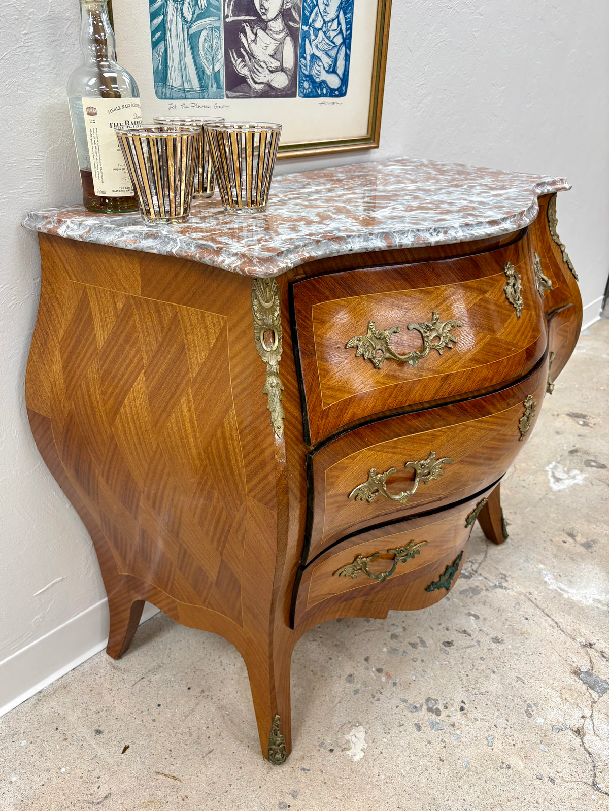 Antique Swedish Marble Top Bombe Chest/Dresser - Sweden