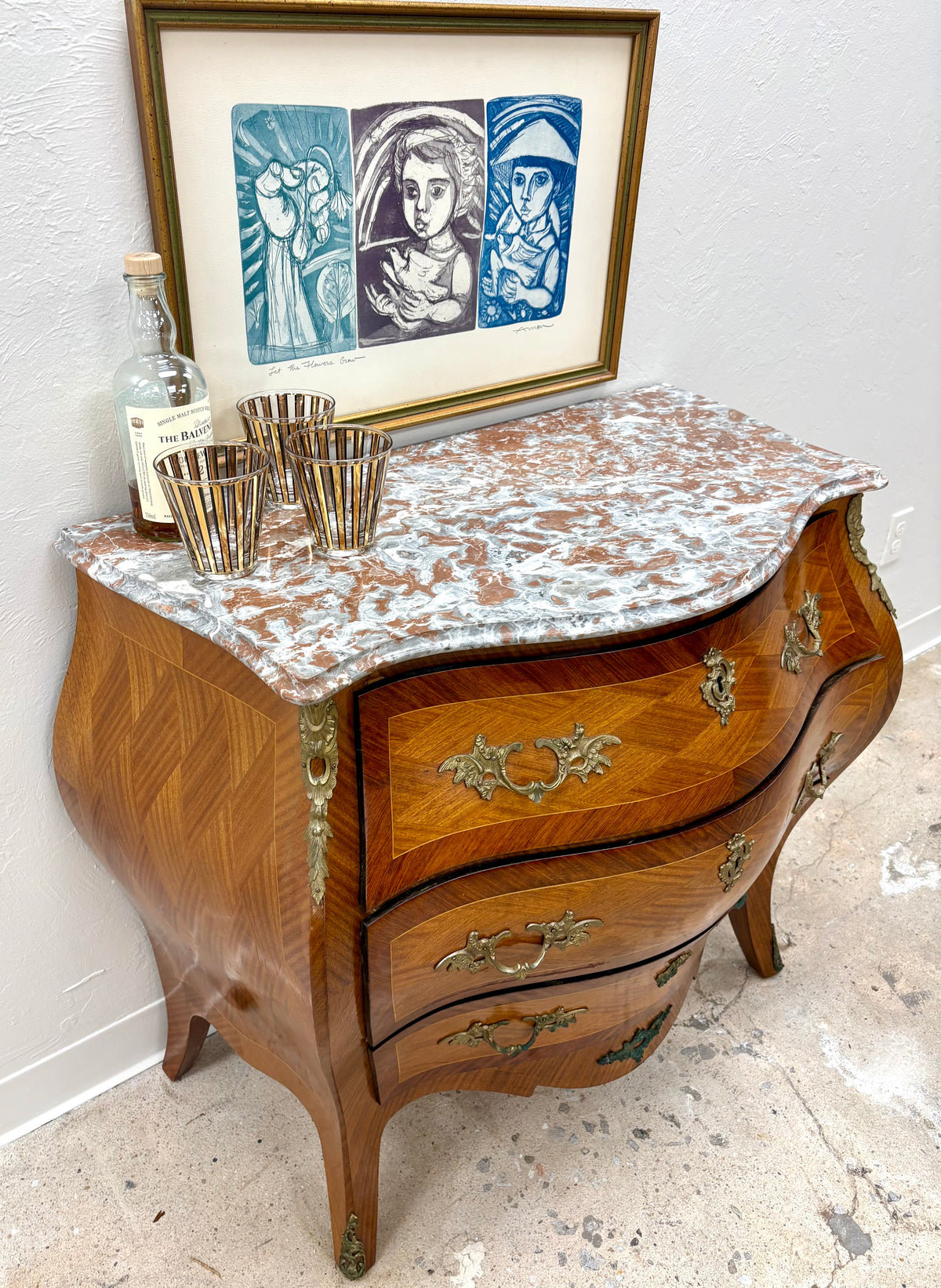 Antique Swedish Marble Top Bombe Chest/Dresser - Sweden