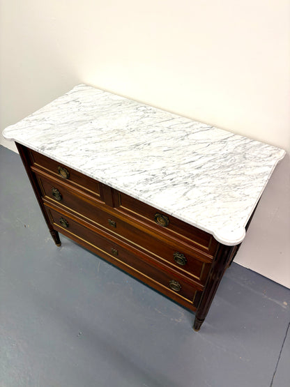 Antique French Louis XVI Marble Top Four Drawer Chest