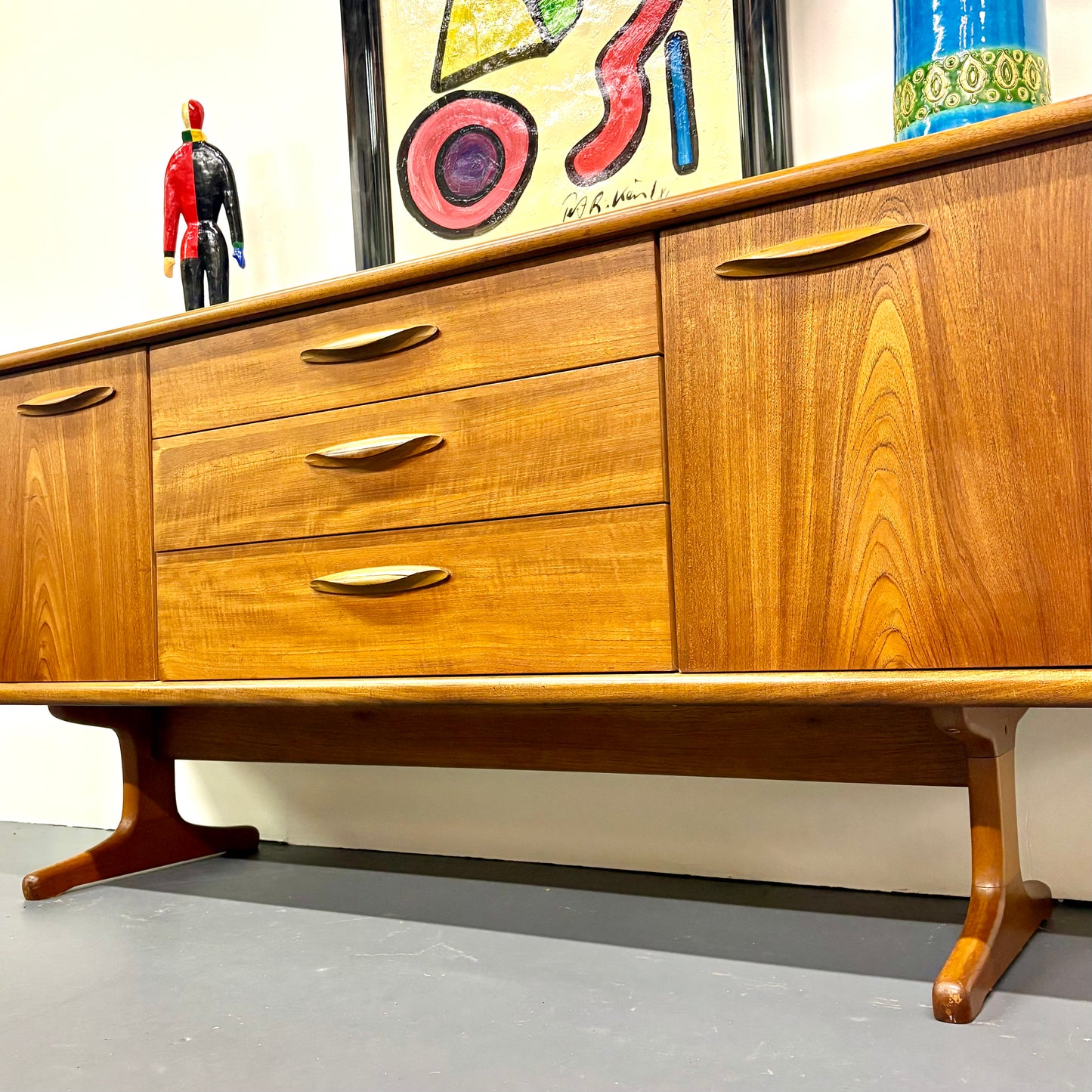 Mid Century Teak Trestle Base Credenza/Sideboard By Austin Suite Of England