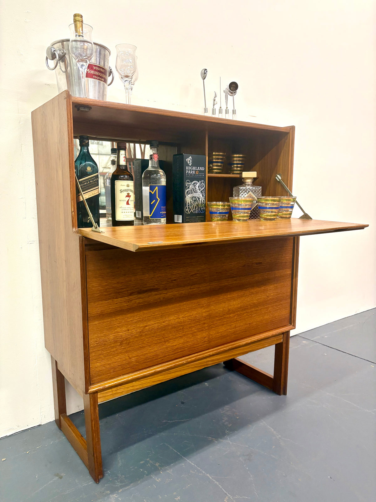 Mid Century Teak Cocktail Cabinet With Drop Down By Turnidge - England