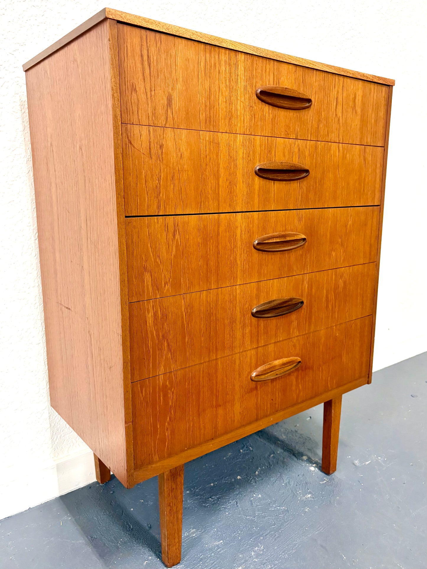Mid Century Modern Teak Five Drawer Dresser From England