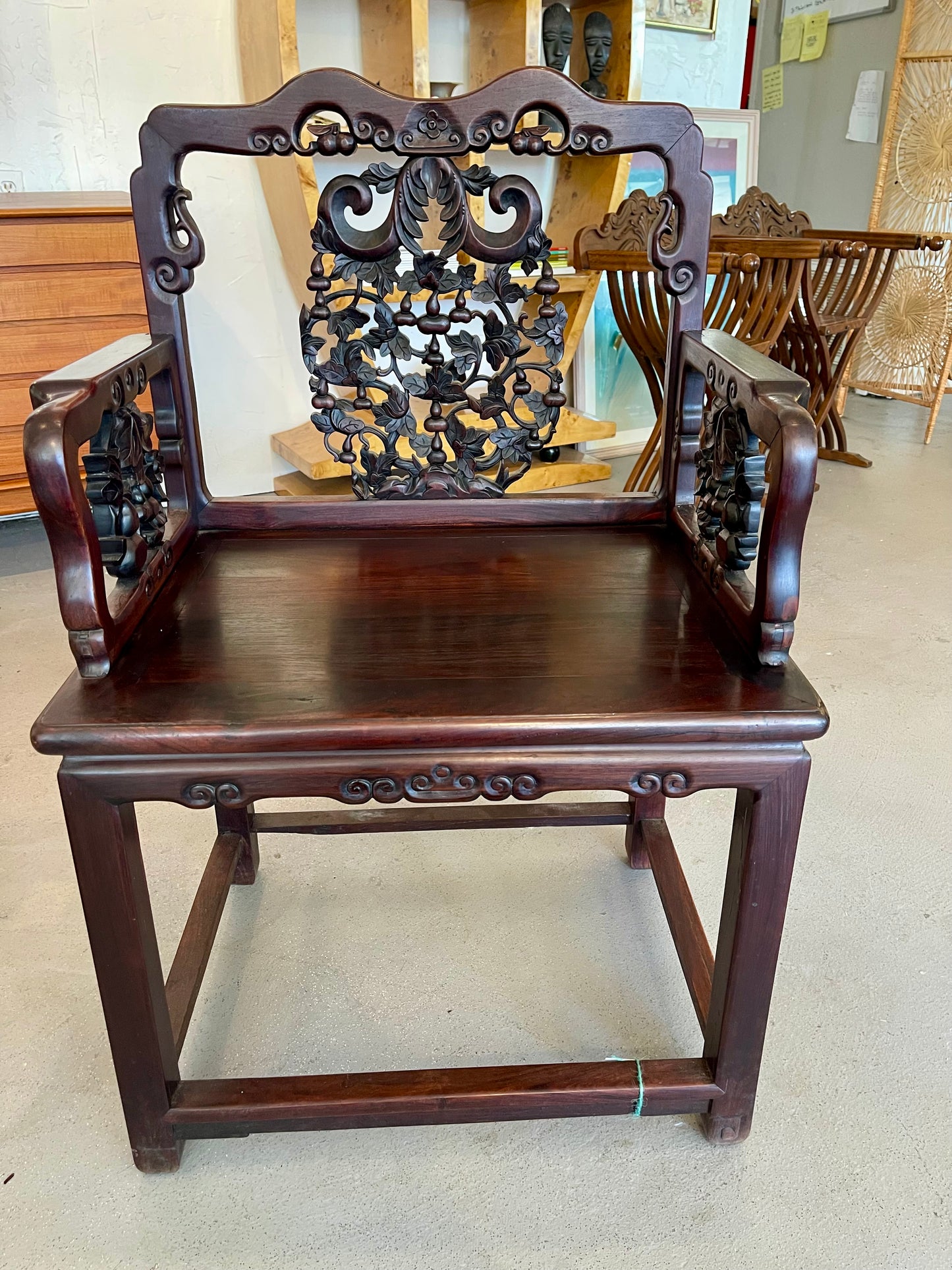 ANTIQUE CHINESE CARVED HARDWOOD ARM CHAIR