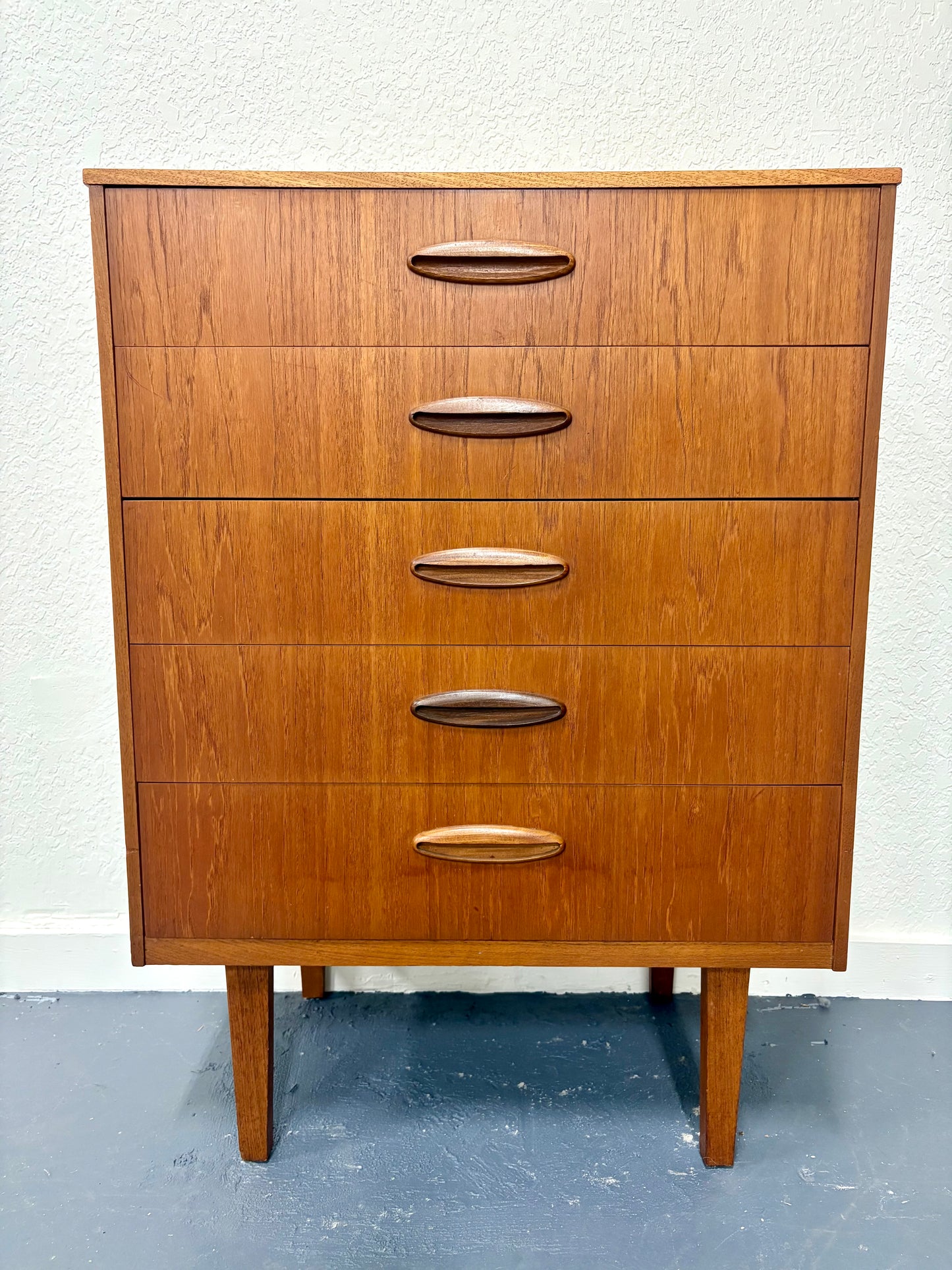Mid Century Modern Teak Five Drawer Dresser From England
