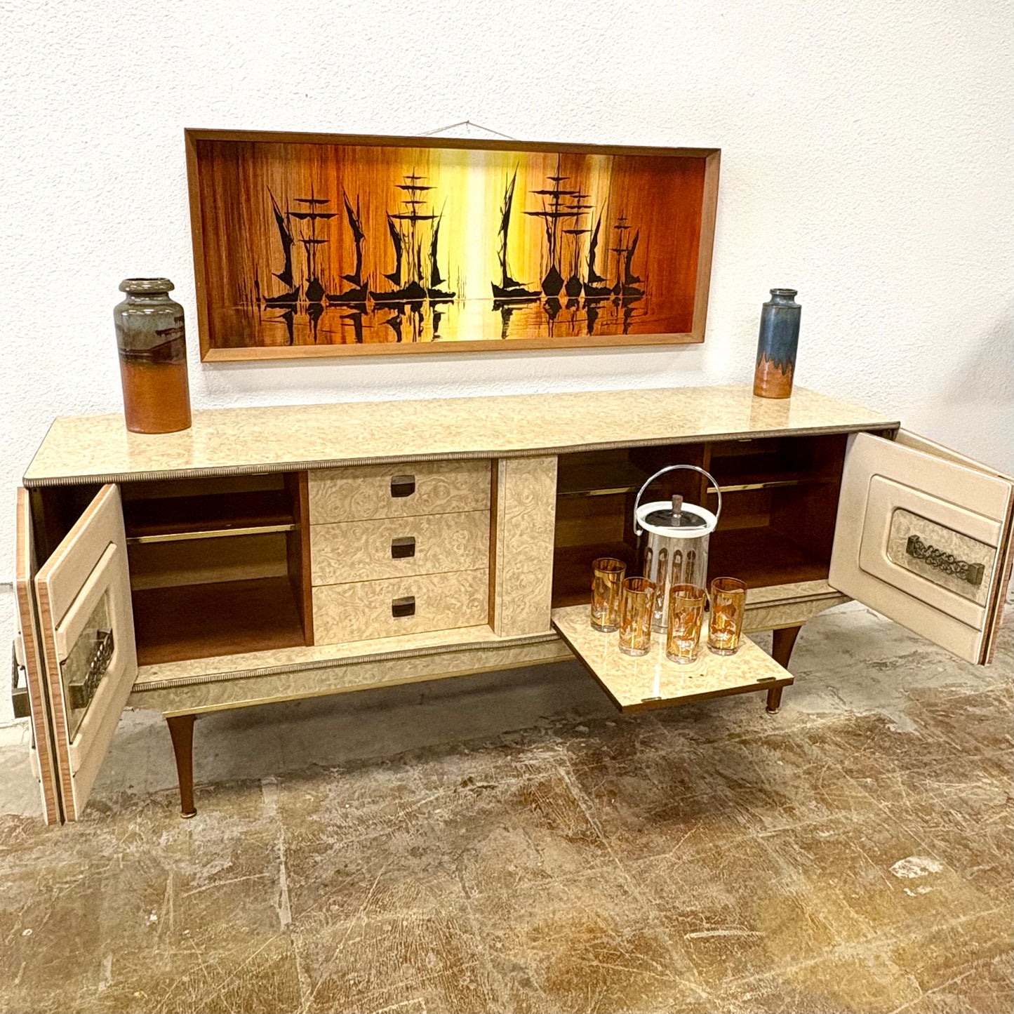 Mid Century Laminate & Leather Credenza/Sideboard From England