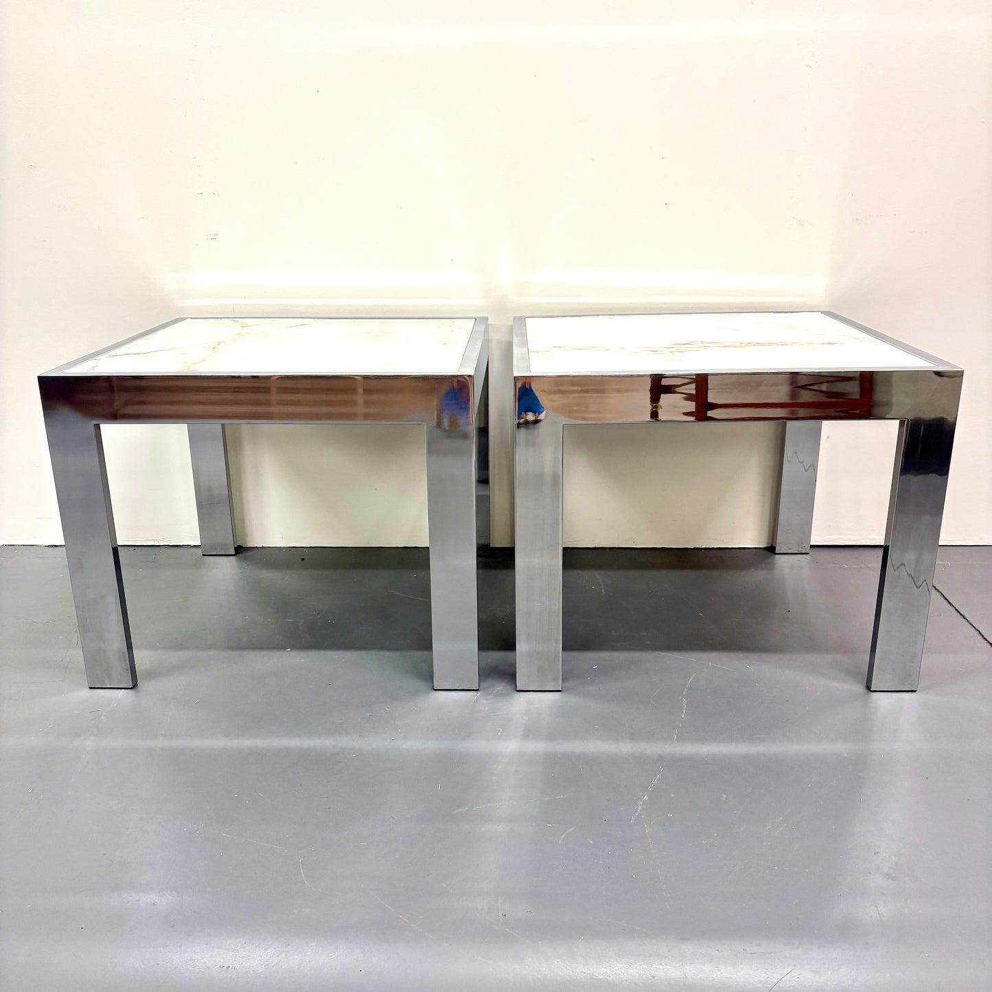 Mid Century Travertine & Chrome Pair Of End Tables By DIA