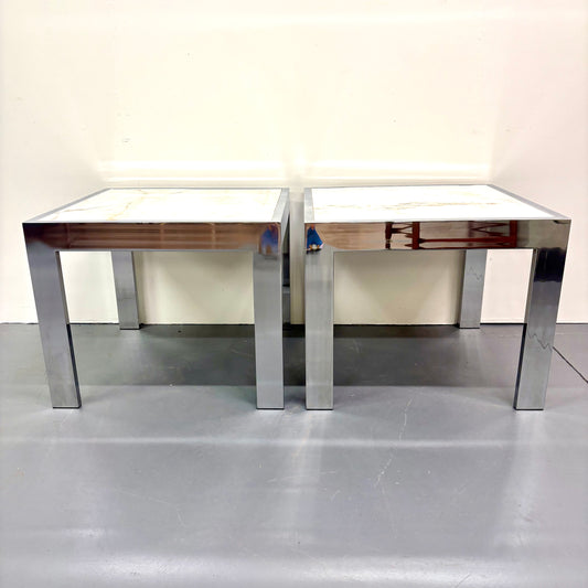 Mid Century Travertine & Chrome Pair Of End Tables By DIA