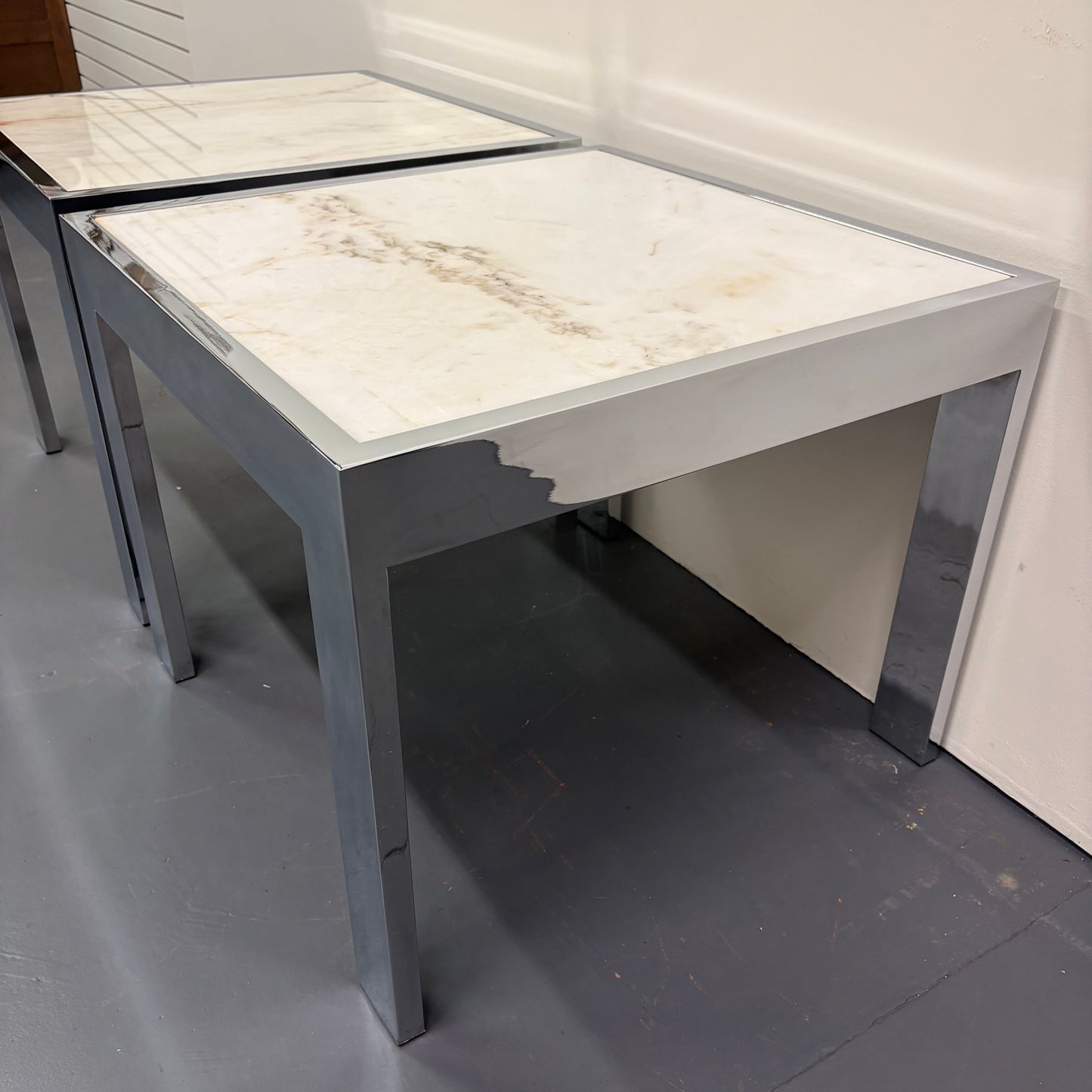 Mid Century Travertine & Chrome Pair Of End Tables By DIA