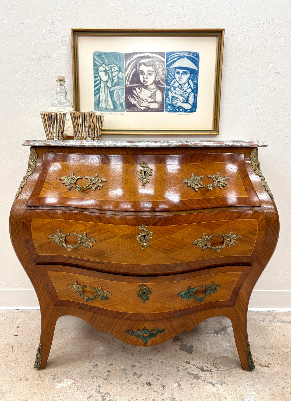 Antique Swedish Marble Top Bombe Chest/Dresser - Sweden