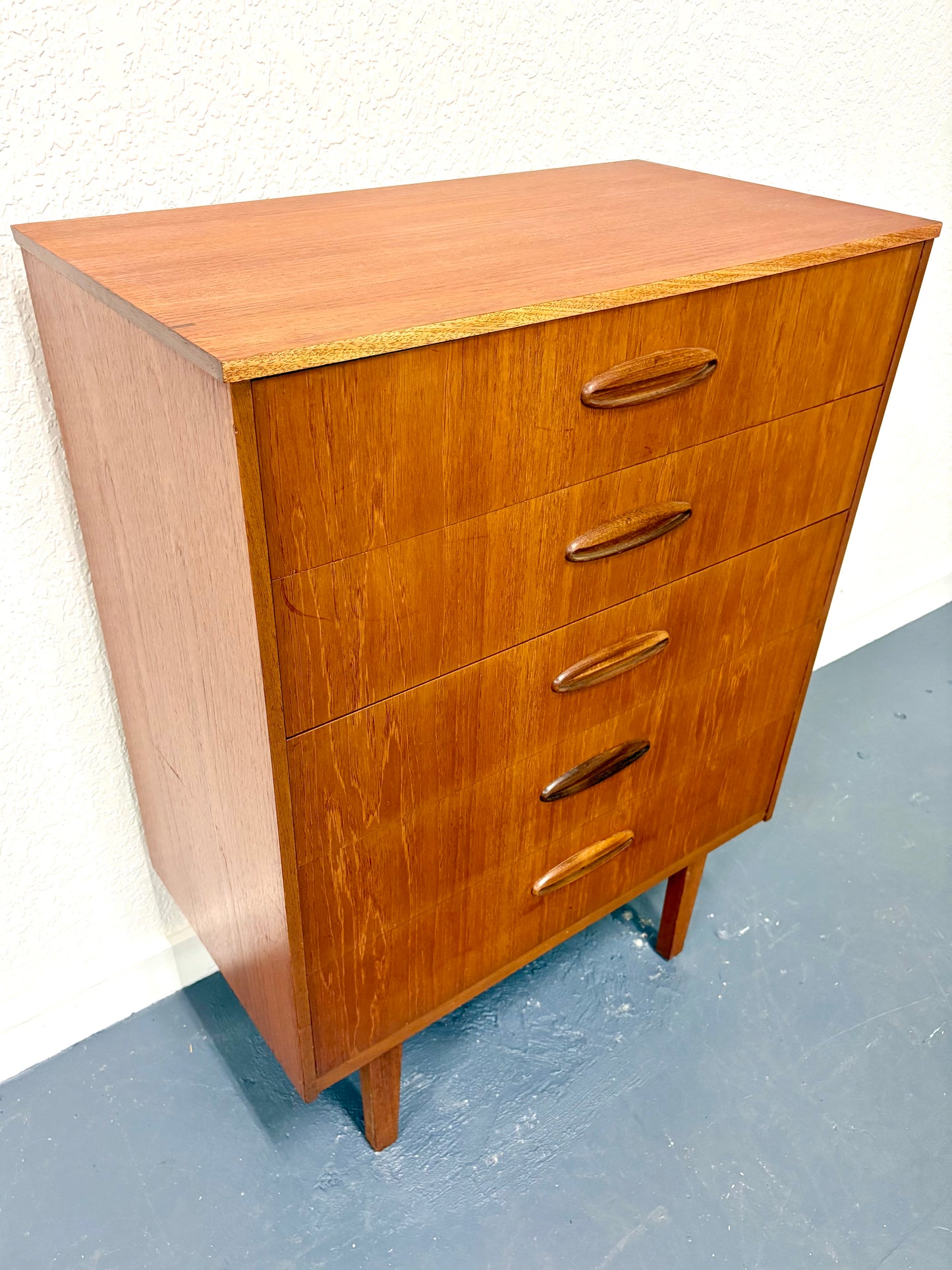 Mid Century Modern Teak Five Drawer Dresser From England