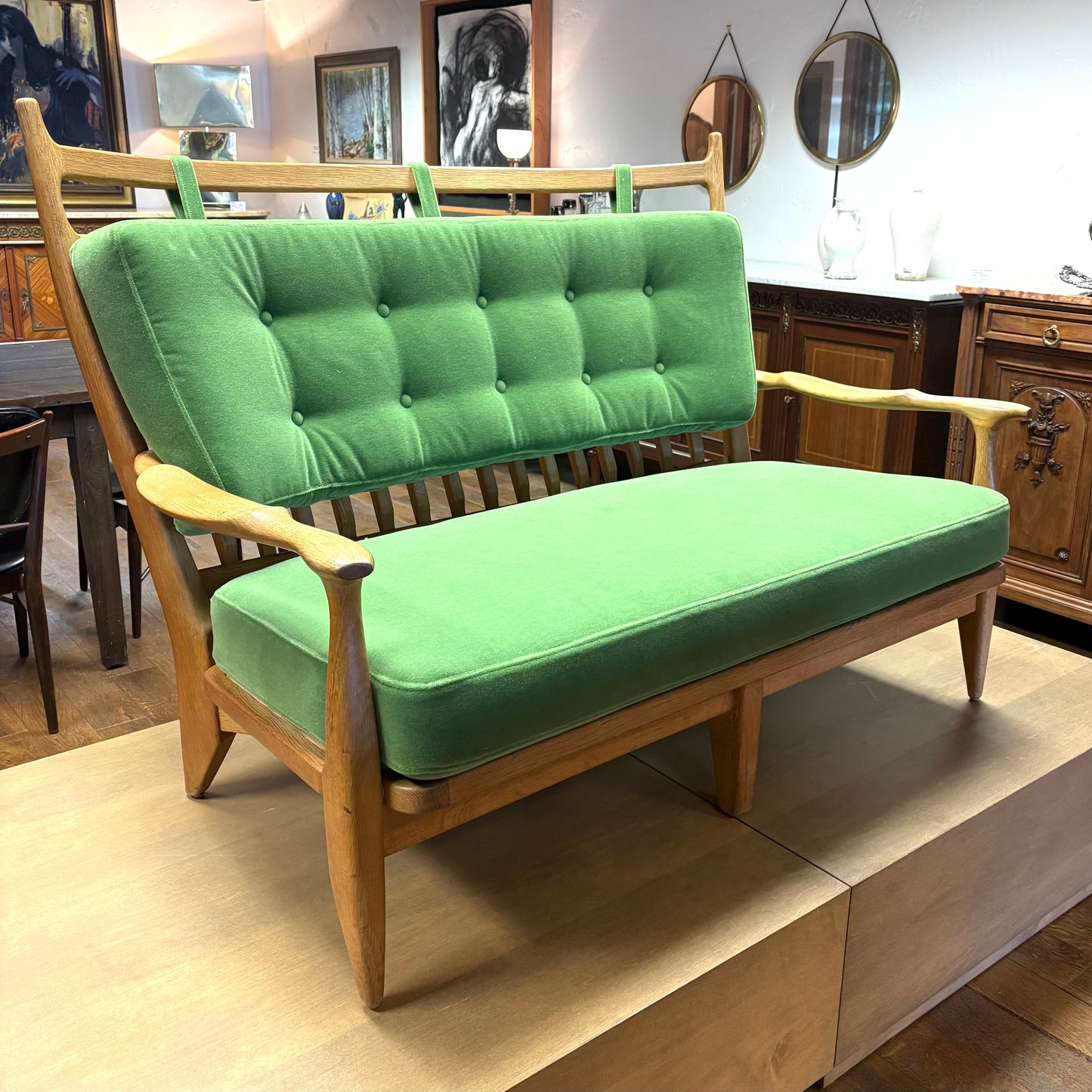 FRENCH MODERN GUILLERME ET CHAMBRON SETTEE, REUPHOLSTERED