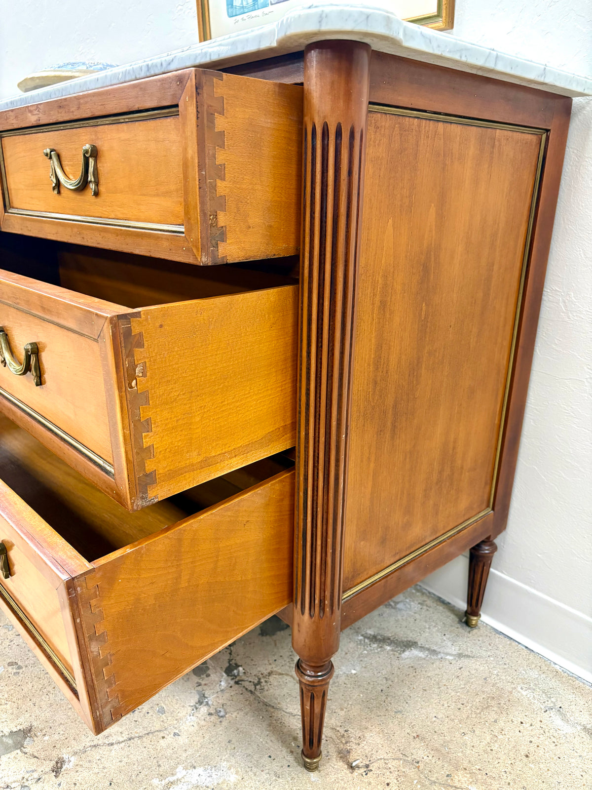 Antique French Louis XVI Style White Marble Top Four Drawer Chest - France