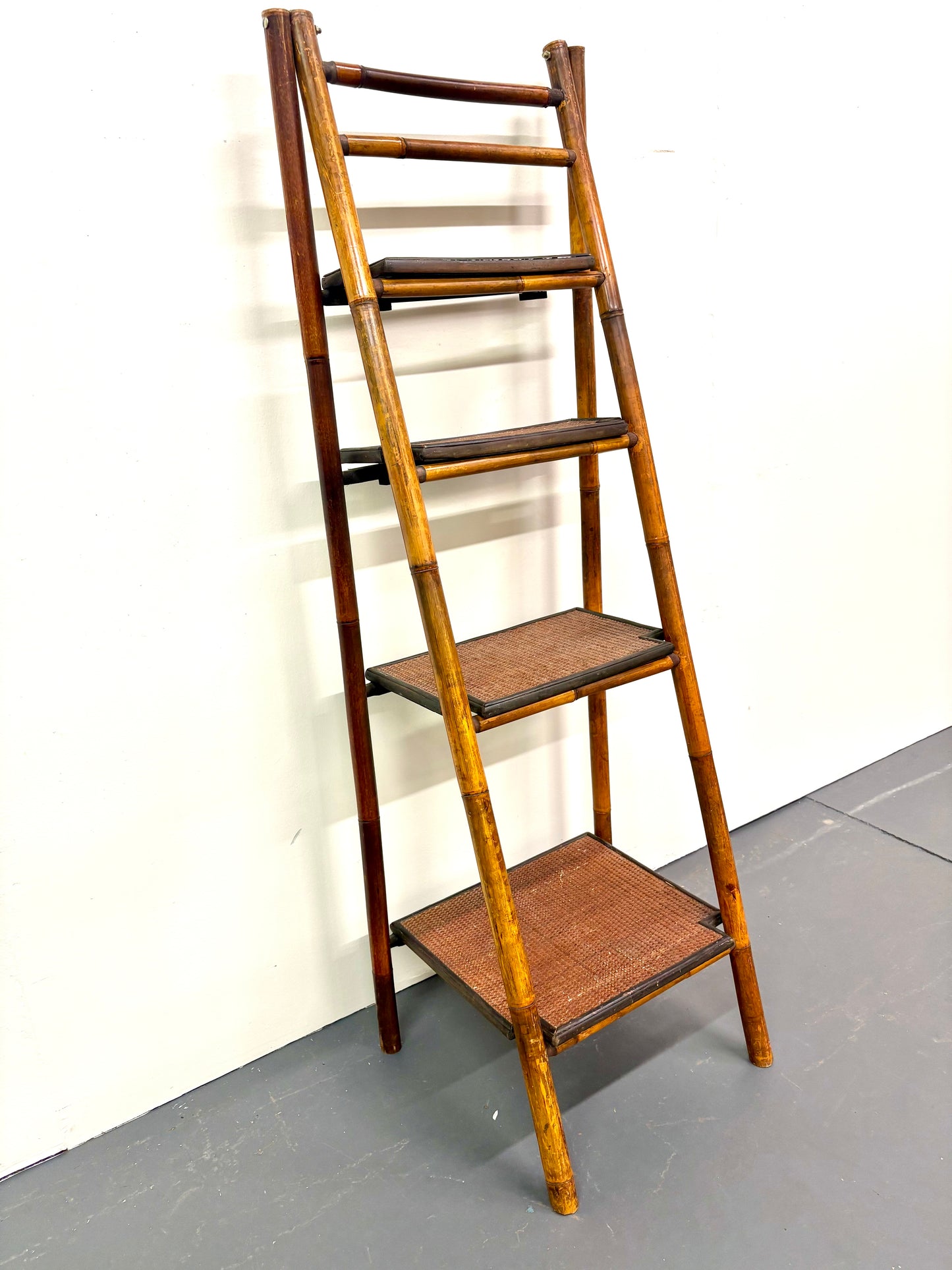 Vintage French Bamboo Folding Ladder Step Shelf