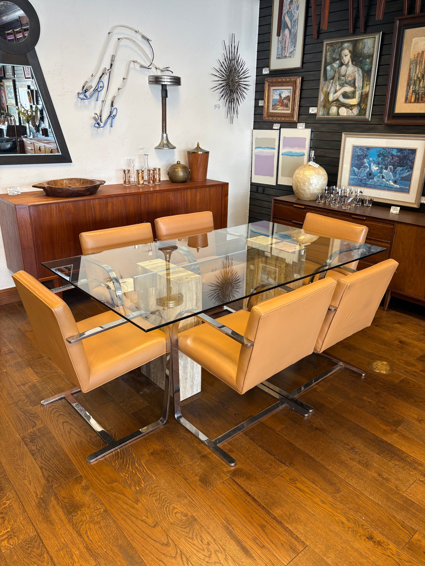Mid Century Italian Travertine, Chrome & Glass Dining Table By Artedi