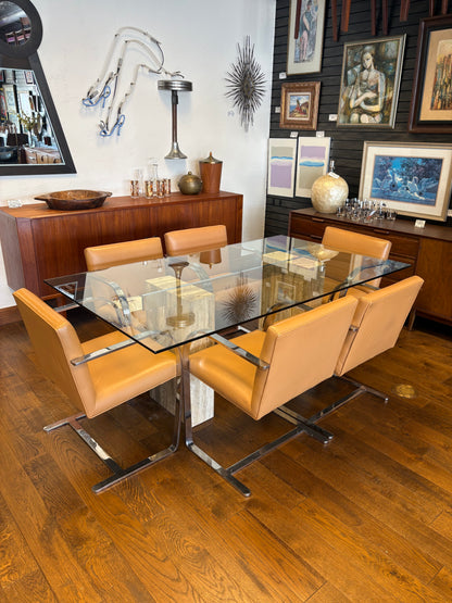 Mid Century Italian Travertine, Chrome & Glass Dining Table By Artedi