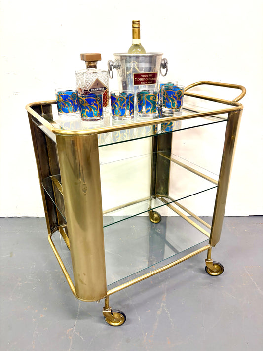 Mid Century/Art Deco Italian Brass & Glass Bar Cart/Trolley ￼