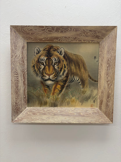 Beautiful Vintage Mid Century Japanese Prowling Tiger Framed Art