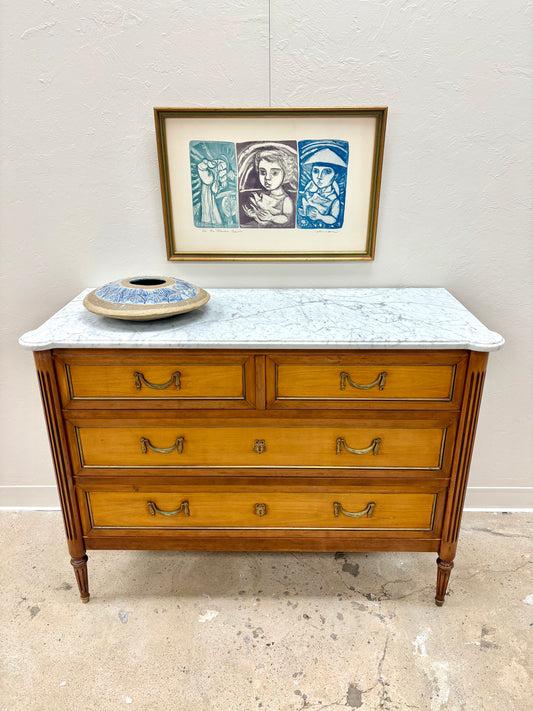 Antique French Louis XVI Style White Marble Top Four Drawer Chest - France