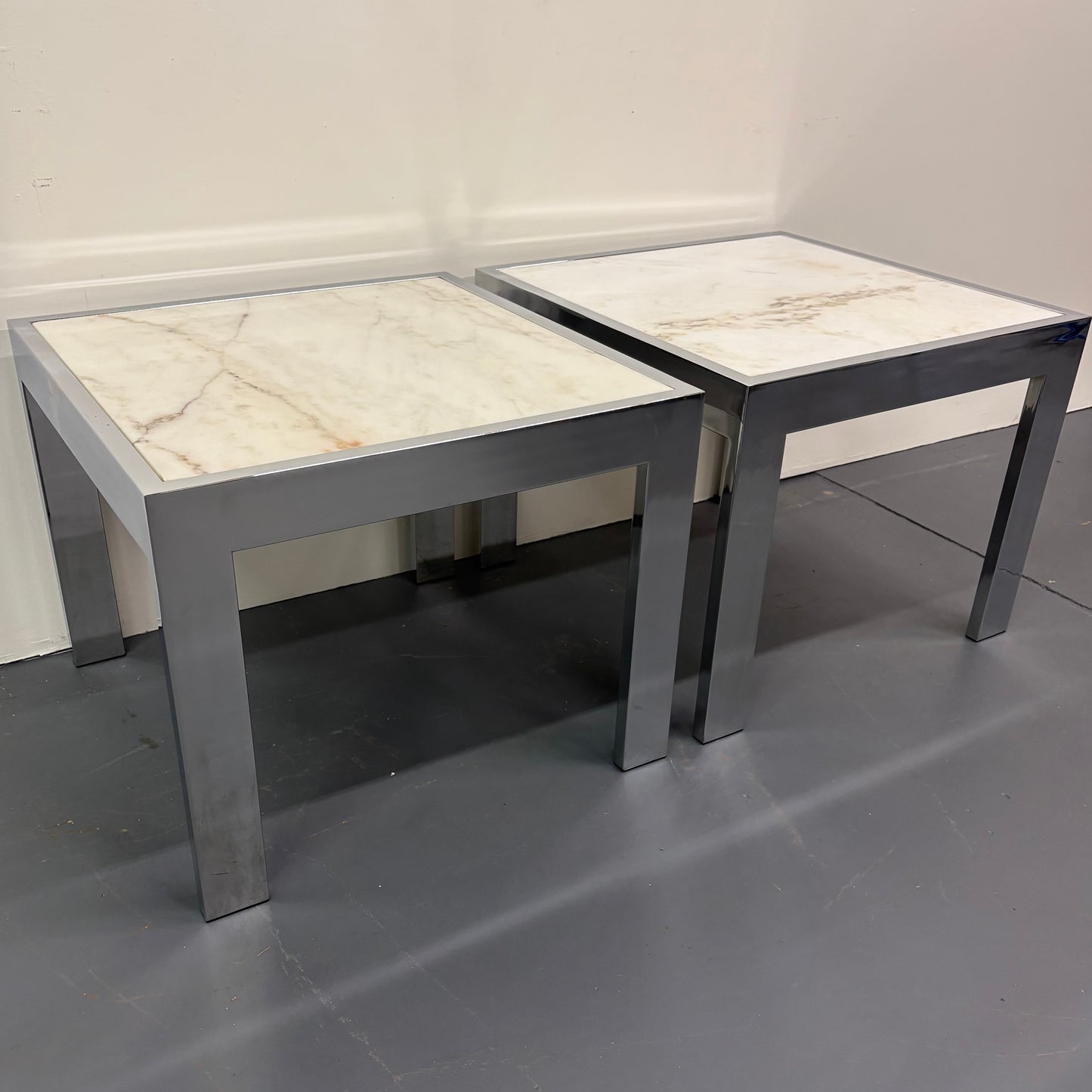 Mid Century Travertine & Chrome Pair Of End Tables By DIA