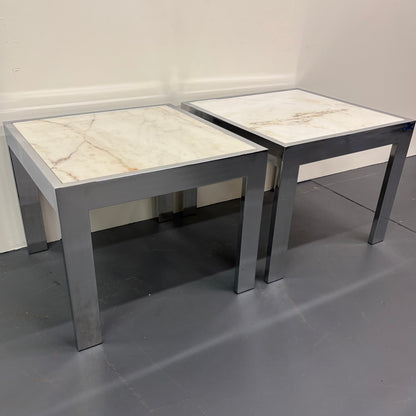 Mid Century Travertine & Chrome Pair Of End Tables By DIA