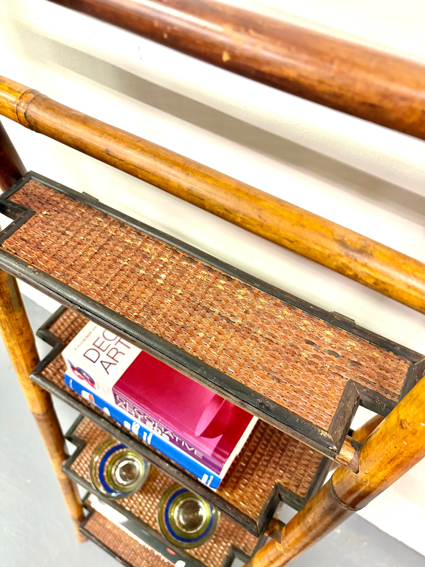 Vintage French Bamboo Folding Ladder Step Shelf