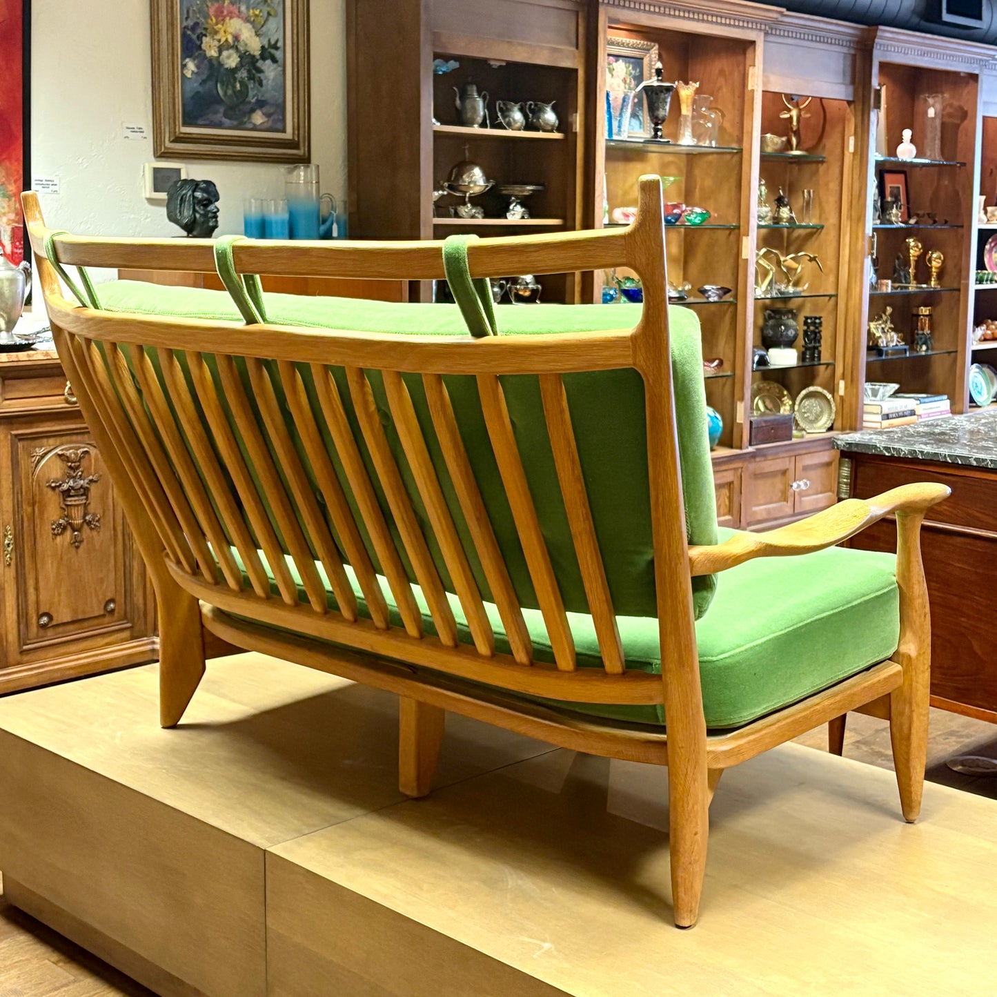 FRENCH MODERN GUILLERME ET CHAMBRON SETTEE, REUPHOLSTERED