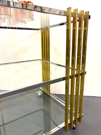 Mid Century 1970s Brass & Chrome Square Bar Cart