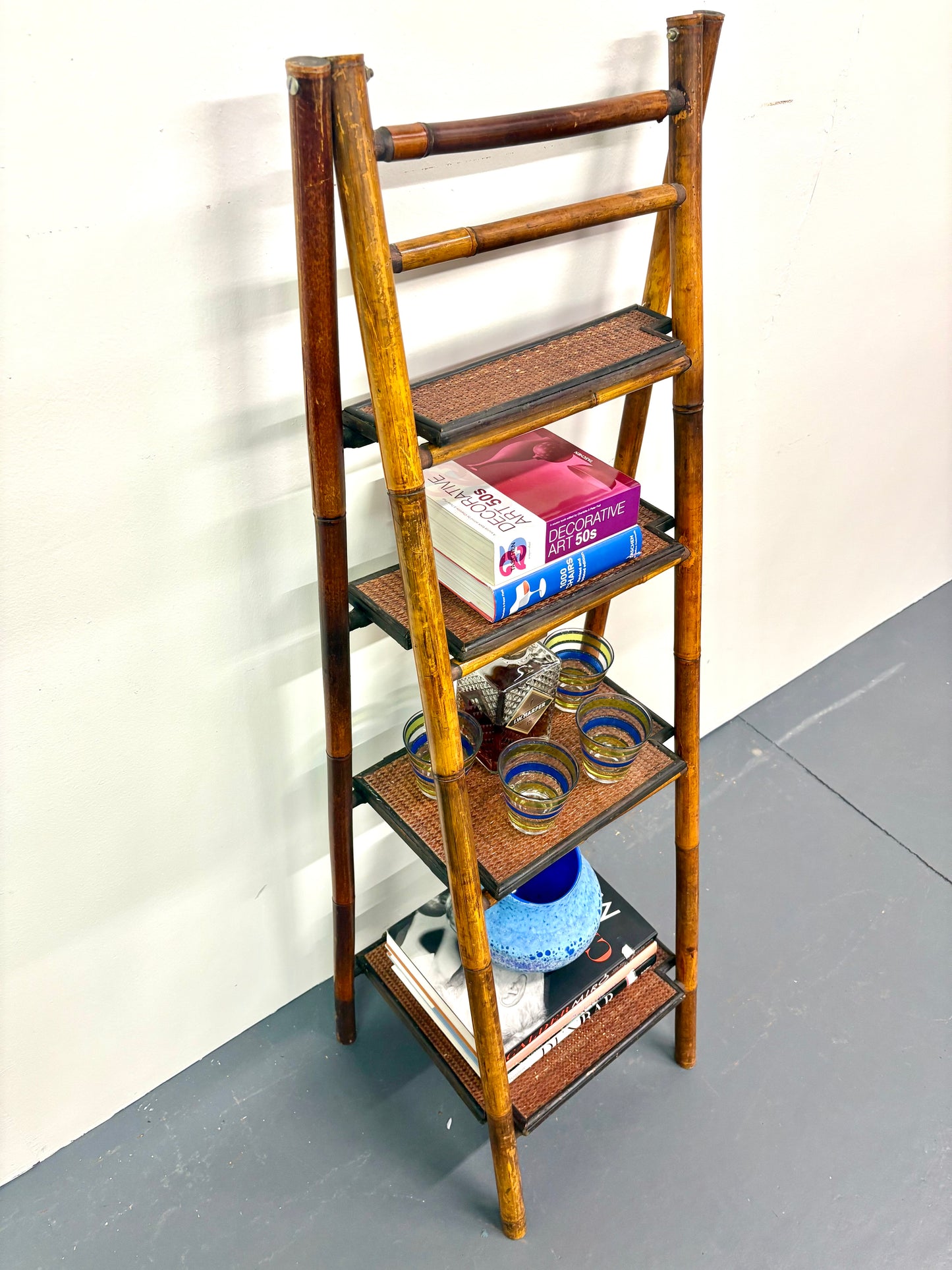 Vintage French Bamboo Folding Ladder Step Shelf