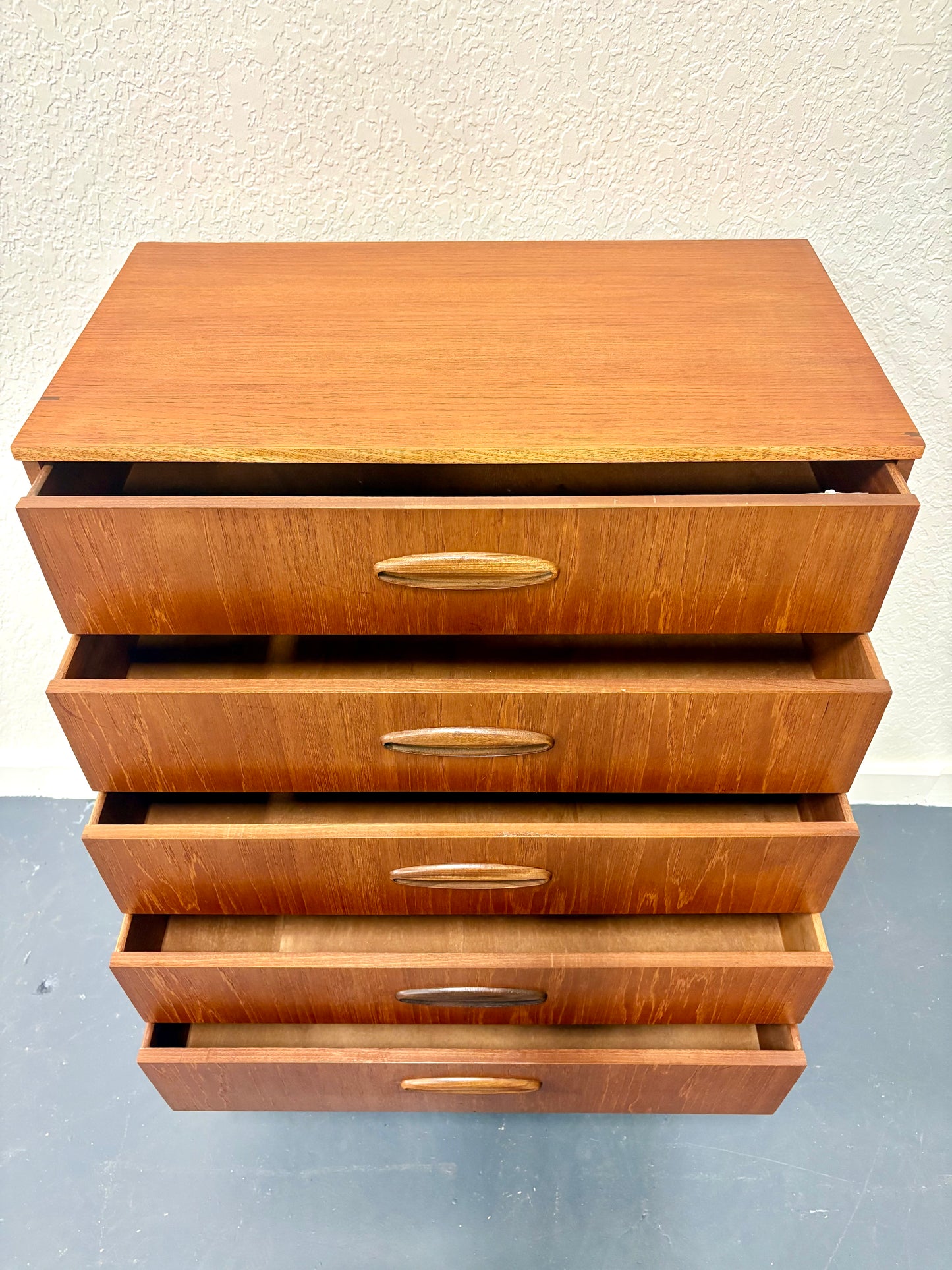 Mid Century Modern Teak Five Drawer Dresser From England