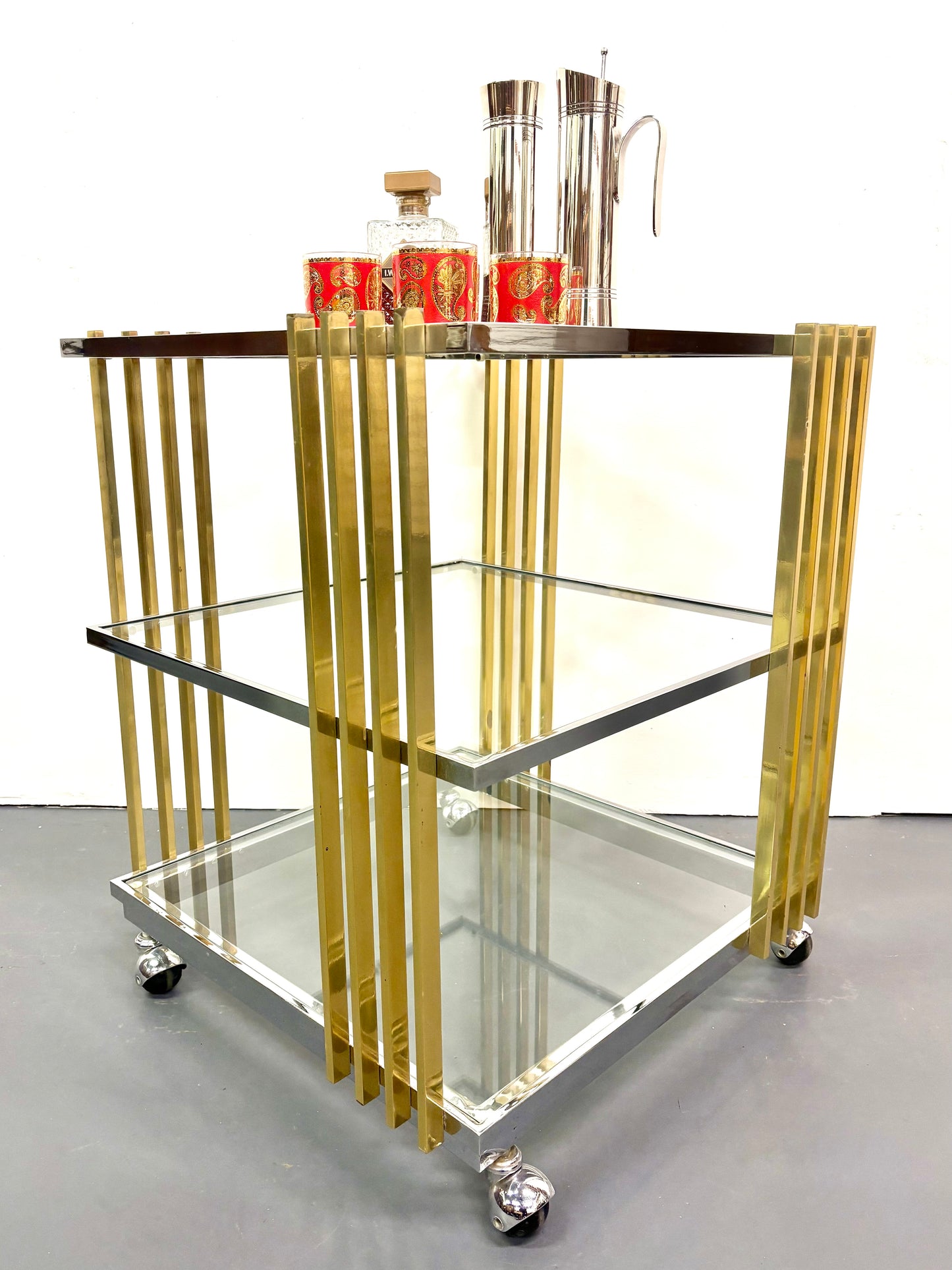 Mid Century 1970s Brass & Chrome Square Bar Cart